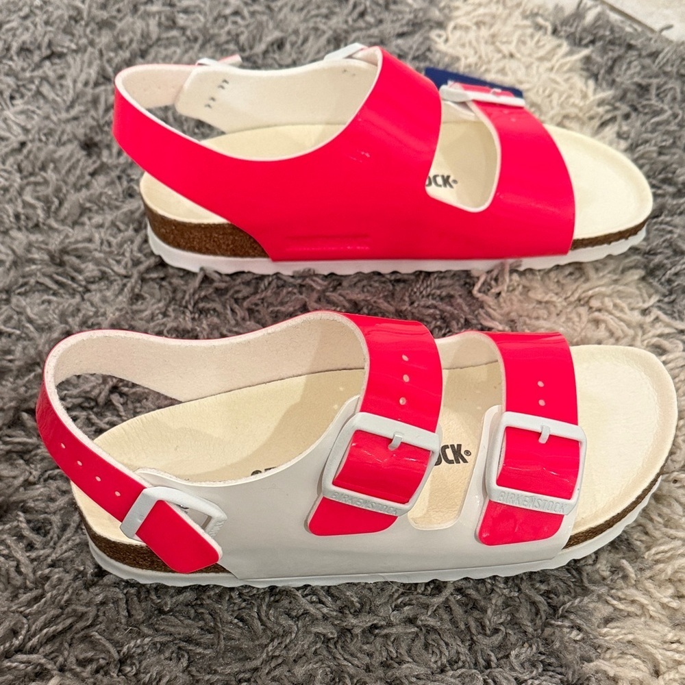 Birkenstock Milano Neon Pink Sandals Shoes Vegan Patent - Picture 13 of 16